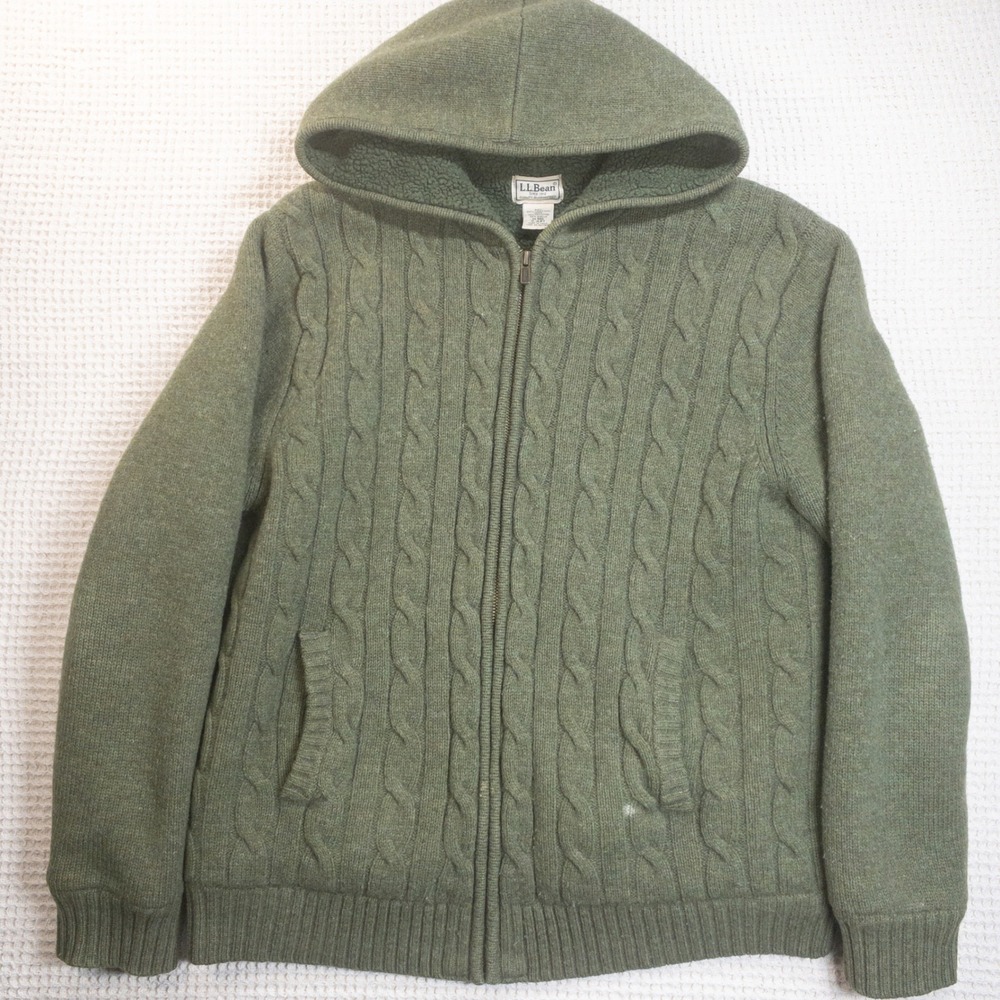 LL Bean Mens Lambswool Cable Knit Sherpa Lined Full Zip Hoodie Sweater Green M